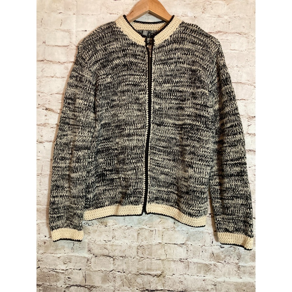 J. Jill Sweater Womens Medium Black Ivory Full Zip Chunky Knit Cotton Cardigan